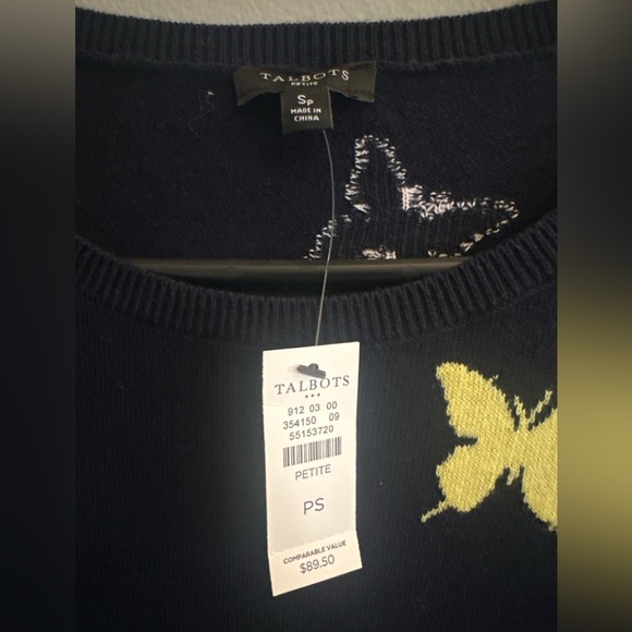 Talbots Petite Butterfly Sweater PS Navy Cotton Blend Spring Garden Preppy - Picture 3 of 6